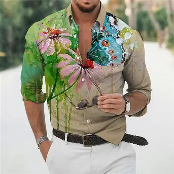 Мужская рубашка с длинным рукавом, рубашки с цветами и воротником-бабочкой, мужские - 2023