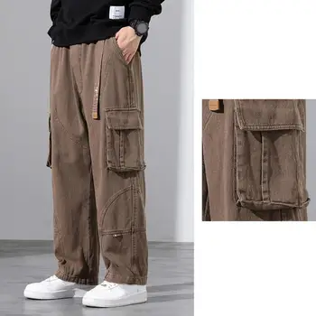 Мужские брюки с эластичным поясом, Дышащие Повседневные брюки для мужчин, Уличная одежда, Мужские Брюки, Широкие, с несколькими карманами, Дышащие для