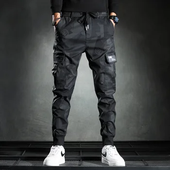 Мужские спортивные брюки M-5XL, камуфляжные эластичные военные брюки-карго, Низ с множеством карманов на завязках, Повседневные брюки для бега трусцой