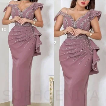 Новое поступление Вечерние платья Русалки с V образным вырезом Длинные Плиссированные вечерние платья с пайетками и кристаллами, украшенные бисером, Vestidos formales Dubai dress