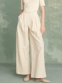 Новые женские бежевые льняные брюки с широкими штанинами 2023, Весна-лето, Женские темпераментные плиссированные простые прямые брюки с высокой талией