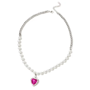 Ожерелье с подвеской в виде сердца из розового циркона, простое колье, цепочка из милого прохладного жемчуга на ключице