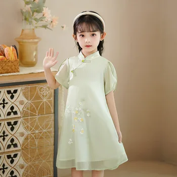 Платье для девочек в китайском стиле, детские платья принцессы с зеленой цветочной вышивкой, детская летняя пляжная одежда