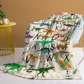 Плед с динозавром, Красочный плед с динозавром и надписью, Уютное одеяло для дивана, Диван-кровать, Гостиная