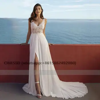 Пляжное Свадебное платье С Высоким Разрезом И V-образным вырезом В стиле Бохо, Белые Кружевные Аппликации, Шифоновые Платья Невесты На Пуговицах Сзади, Трапециевидное Длинное Платье Vestido De Novia 2021