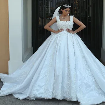 Прекрасное свадебное платье на тонких бретельках с 3D цветочными аппликациями и кристаллами, бальное платье со шлейфом, Пышное свадебное платье в саду с открытой спиной.