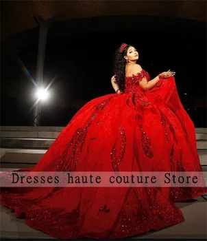Принцесса Красный Тюль Пышные Платья Бальное Платье 2023 С Открытыми Плечами Блестящие Аппликации Из Пайеток Милое 16 Платье На Шнуровке На Заказ