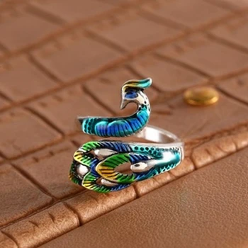 Ретро красочное кольцо с павлином для женщин, подчеркивающее индивидуальность, регулируемые кольца с павлинами, винтажные вечерние модные украшения