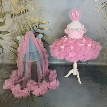 Розовое хрустальное платье для девочки, детское платье со шлейфом, платье для цветочницы, бант, платья для дня рождения милого ребенка, принцесса для Первого причастия