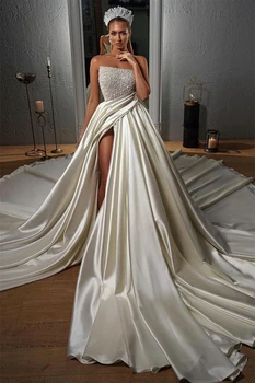 Роскошное Арабское свадебное платье в Дубае 2024, сшитое на заказ с прозрачным вырезом, жемчуг, Атласные свадебные платья Vestidos De Novia