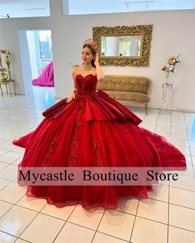Роскошное пышное платье Red Mexico, бальное платье 2023, аппликации, бант, Сладкое платье с 16 оборками, шнуровка, платье для вечеринки по случаю Дня рождения, платье для выпускного вечера