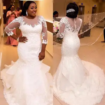 Свадебное платье Уникального размера 2024 Плюс Африканские Нигерийские свадебные платья Русалки С прозрачной Аппликацией на шее и кружевом