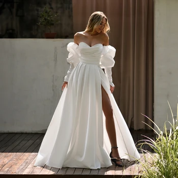 Свадебные платья принцессы из атласа с длинными рукавами и высоким разрезом, свадебные платья А-силуэта с открытой спиной в складку для невесты 2023
