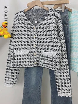 Свитера, женские кардиганы, осень-зима 2023, повседневный модный укороченный свитер в клетку, однотонный однобортный топ с V-образным вырезом