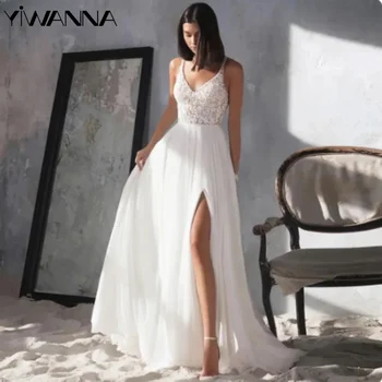 Сексуальное свадебное платье без рукавов с V-образным вырезом, Классическое платье с кружевными аппликациями Для невесты, Элегантное длинное свадебное платье А-силуэта Vestido De Novia