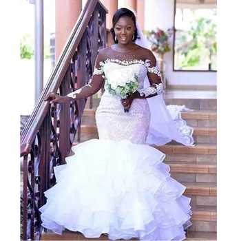 Сексуальные свадебные платья в стиле африканской русалки, большие размеры, 2023 Новое свадебное платье из тюля с длинными рукавами, расшитое бисером, сшитое на заказ, Vestido De Noiva