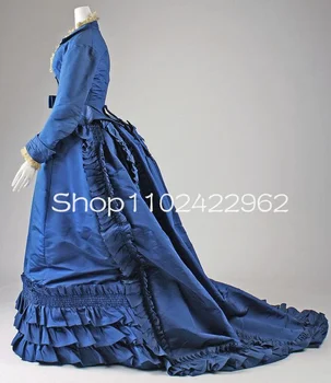 Темно-синее бальное платье в викторианском стиле в стиле стимпанк, платья для выпускного вечера с длинным рукавом и рюшами, историческое вечернее платье Western Reserve