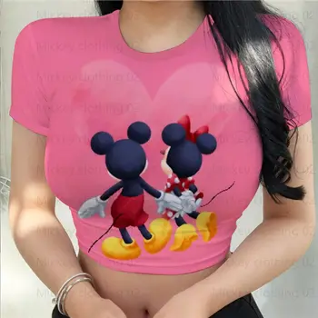 Футболка Disney с мультяшным Микки и Минни, женская футболка, летний модный повседневный облегающий сексуальный топ из полиэстера с принтом для свиданий в ночном клубе.
