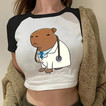 Футболка с графическим рисунком Capybara Doctor Custume, винтажные женские топы с гангстерским принтом Capybara, модная женская короткая футболка Y2K.