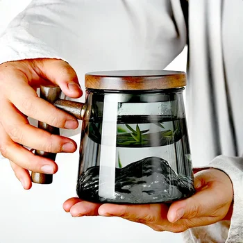 чашка для чая с разделением воды из термостойкого стекла объемом 400 мл с деревянной ручкой для крышки, Стеклянные кружки для чая в цветочек, Чашка для воды