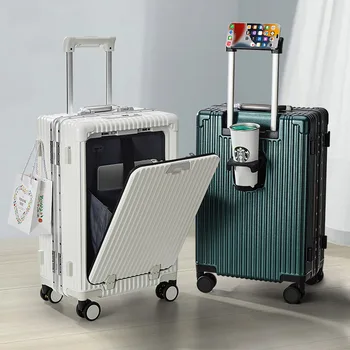 Чемодан с алюминиевой рамой с передним отверстием, чемоданы на колесиках, USB-подстаканник, подставка для телефона, ручная кладь, мужская тележка, сумка для багажа на колесиках