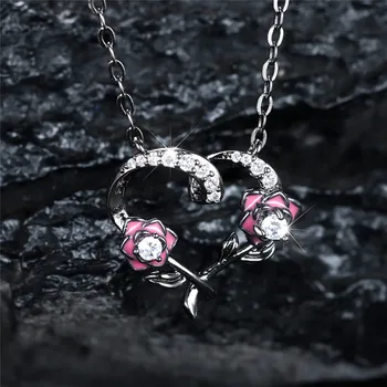 Элегантное ожерелье с подвеской в виде розовой розы, Белые ожерелья с циркониевыми сердечками для женщин, винтажное ожерелье-цепочка из черного металла