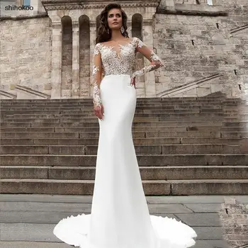 Элегантные свадебные платья в стиле русалки, длинные рукава для женщин, белый 2023, пуговицы с вырезом лодочкой, кружевные аппликации, белое пятно Robe De Mariee