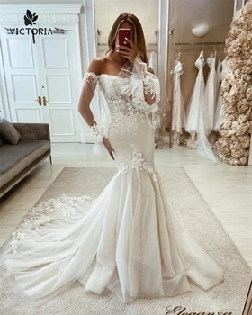 Элегантные свадебные платья с пышным корсетом и рукавом три четверти, кружевная аппликация, свадебное платье принцессы-русалки 2023, Vestido De Noive